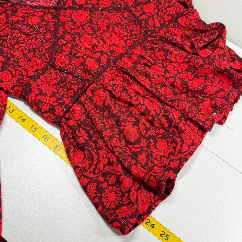 Knox Rose Women's XL Red Burgundy Floral VNeck Peplum Top Metallic Thread Blouse - Picture 4 of 7